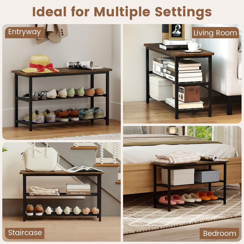 Giantex 32" L Shoe Organizer Storage Bench with Metal Slat Shelves & Seat