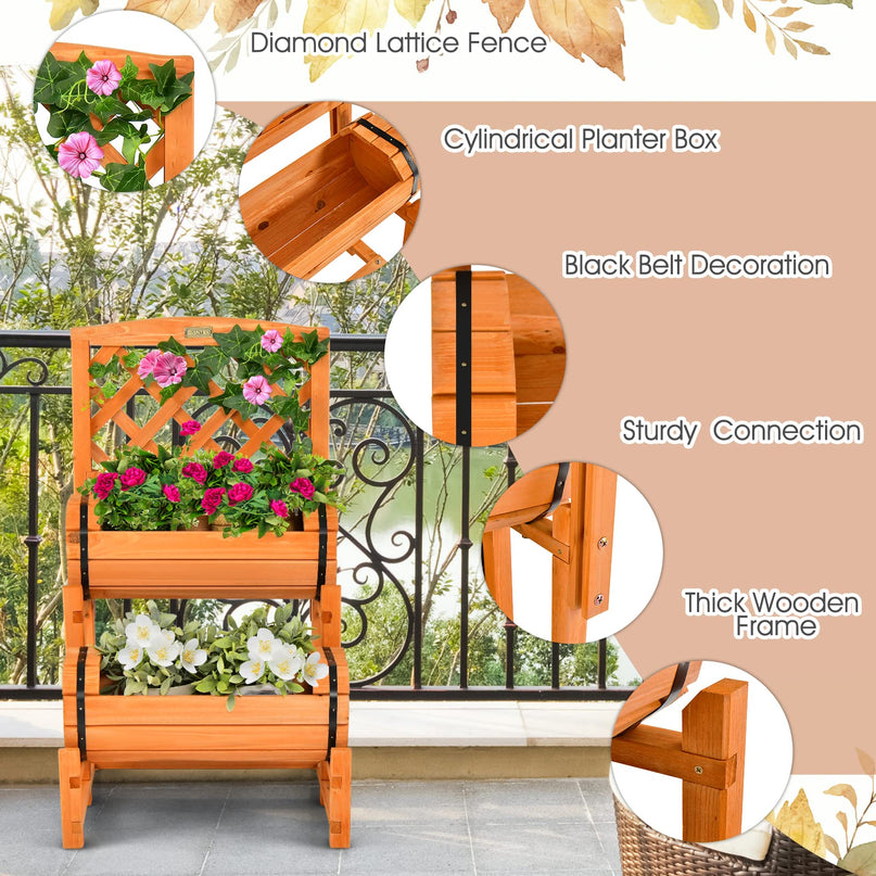 Giantex Raised Garden Bed with 2 Barrel Planters & Trellis, 2-Tier Freestanding Wooden Raised Bed for Vegetable Flower Fruit