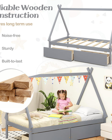 Giantex Twin Bed Frame with 2 Storage Drawers, Wood House Tent Platform Bed Frame with Triangle Structure