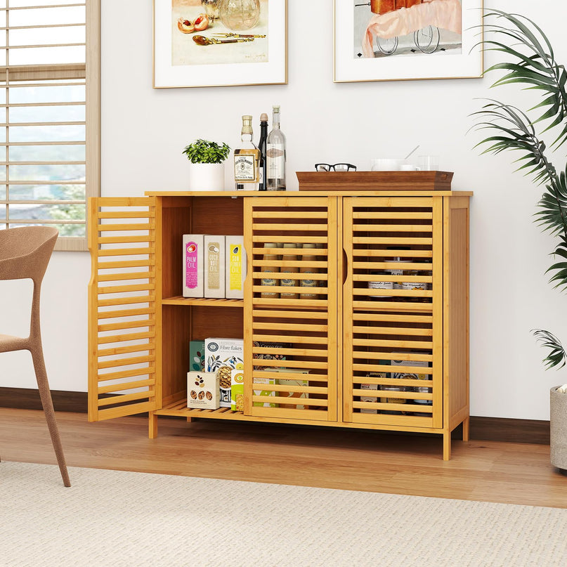 Giantex Bamboo Bathroom Storage Cabinet for Living Room Entryway Kitchen Dining Room