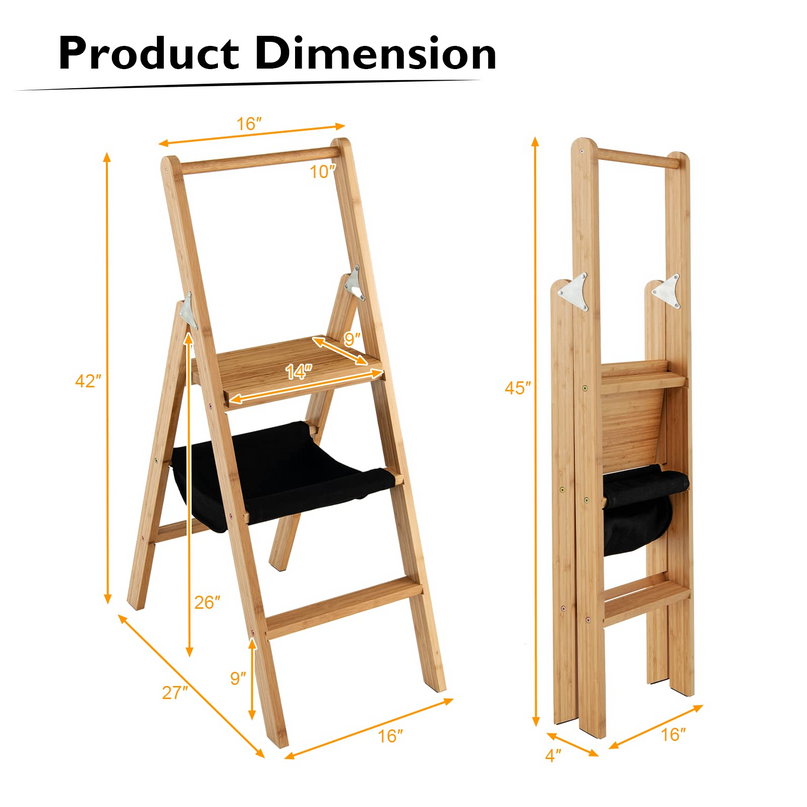 100% Bamboo Folding Step Stool with Handrail | 3 Step Ladder