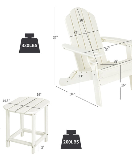 Adirondack Chair with Side Table, Outdoor Fire Pit Chair Set with End Table, White