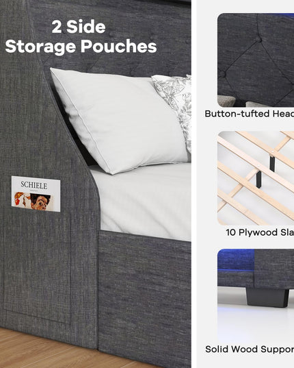 Giantex Bed Frame with LED Lights & Charging Station, Upholstered Platform Bed with Wingback Headboard