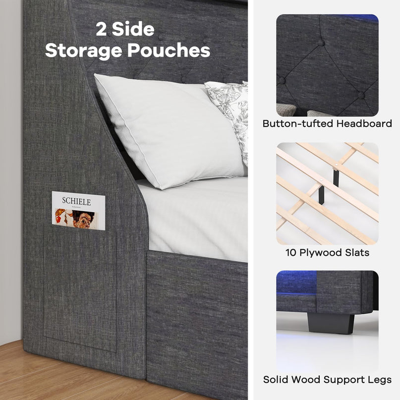 Giantex Bed Frame with LED Lights & Charging Station, Upholstered Platform Bed with Wingback Headboard