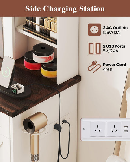 CHARMAID Farmhouse Vanity Table with Barn-Style Sliding Lighted Mirror