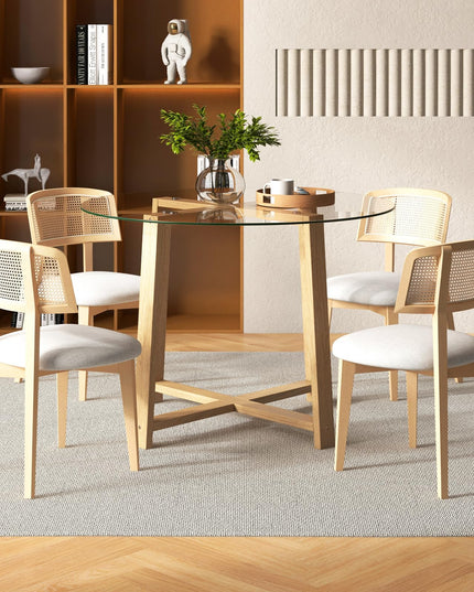 Giantex 42” Round Dining Table for 4, Kitchen Table with 0.3” Tempered Glass Tabletop, Rubber Wood Legs