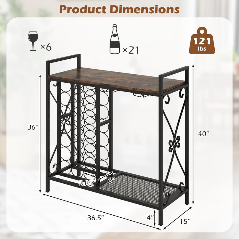 Giantex 21-Bottle Wine Rack Freestanding Floor, Wine Bar Table with 6-Glass Wine Glass Holder