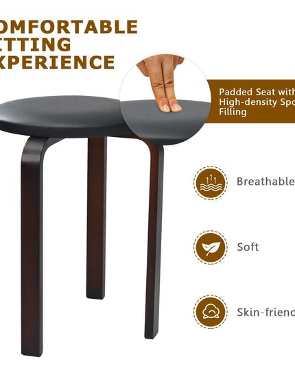 4-Pack Bentwood Stack Stools, 18.5-Inch Portable Stools with PU Leather Round Top, Non-Slip Foot Mats