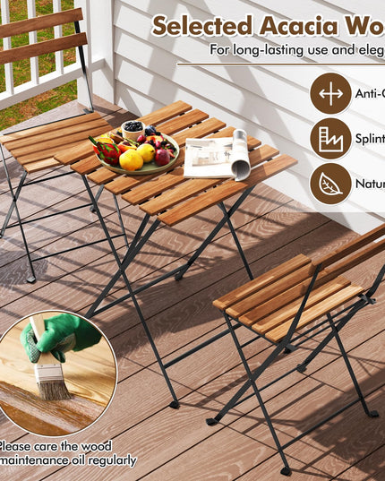 Giantex 3-Piece Acacia Wood Bistro Set with 2 Folding Chairs, Slatted Seat & Tabletop
