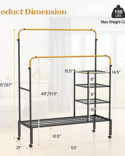 Giantex Double Rods Garment Rack with Wheels, Clothing Rack w/ 2 Hanging Height Adjustable Rods, Side Mesh Racks