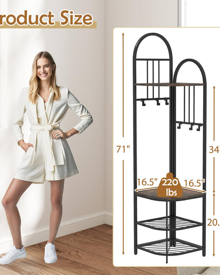 Giantex Corner Hall Tree, 71" Corner Coat Rack w/Shoe Storage Bench, 6 Removable Hooks, 4-Tier Entryway Shoes Shelf Organizer