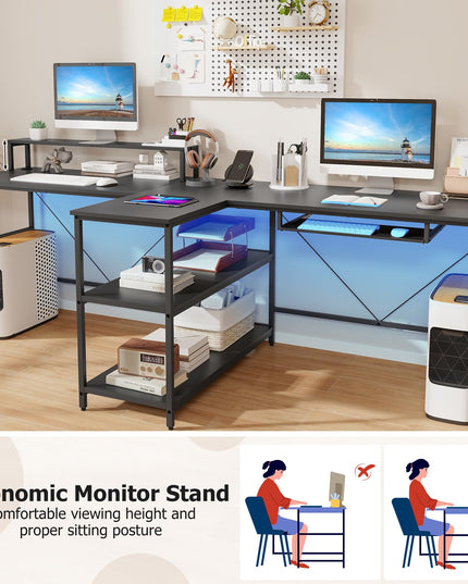 Giantex 94.5” 2 Person Desk with LED Lights, Long PC Study Desk with Storage Shelves, Power Outlets