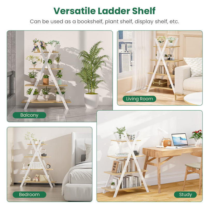 Giantex 4 Tier Bookshelf Storage Shelves Bookcase Ladder Shelf