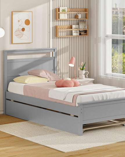 Giantex Wood Twin Bed with 2 Storage Drawers, Solid Wood Platform Bed with Headboard