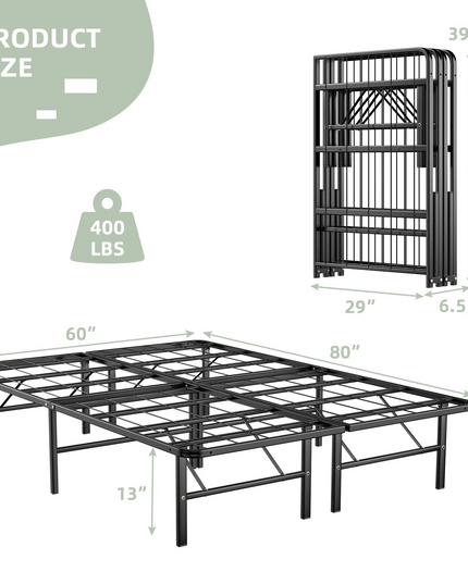 14 Inch Foldable Metal Mattress Foundation | Heavy Duty Bed Frame with Steel Slat