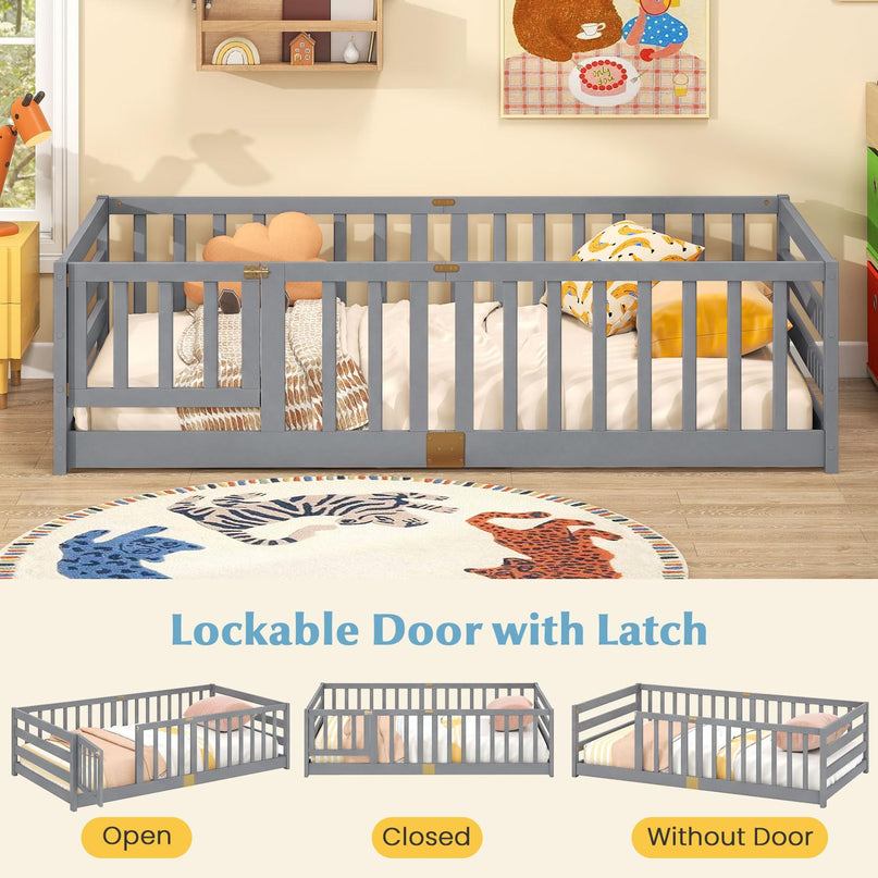Giantex Twin Floor Bed with High Fence & Door