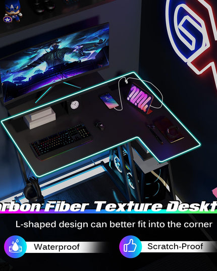 Bureau de jeu en forme de L Giantex avec prises et ports USB, petit bureau d'ordinateur avec étagère pour moniteur