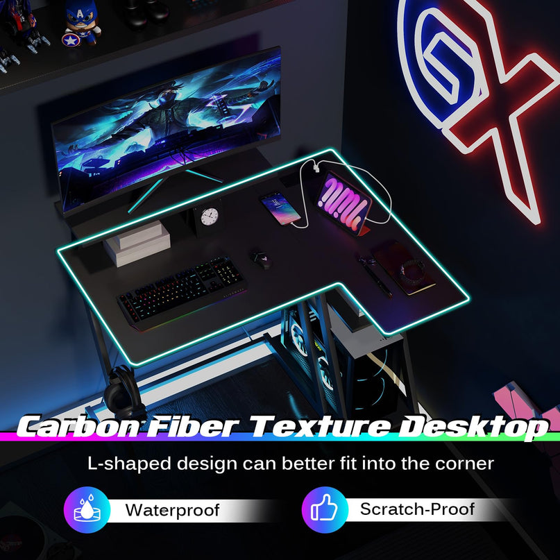 Bureau de jeu en forme de L Giantex avec prises et ports USB, petit bureau d'ordinateur avec étagère pour moniteur