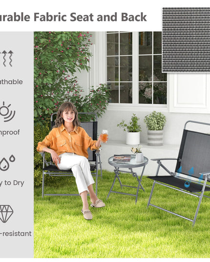 Giantex 3PCS Patio Bistro Set, Folding Outdoor Patio Table Set with 2 Foldable Chairs, 1 Ripple-Like Glass Table