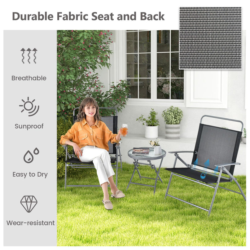 Giantex 3PCS Patio Bistro Set, Folding Outdoor Patio Table Set with 2 Foldable Chairs, 1 Ripple-Like Glass Table