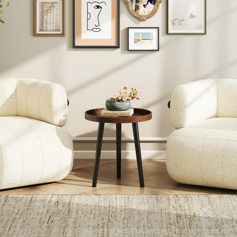 Giantex Round End Table with Wooden Tray & Bamboo Legs