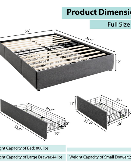 Full Size Platform Bed Frame with 3 Storage Drawers - Giantex