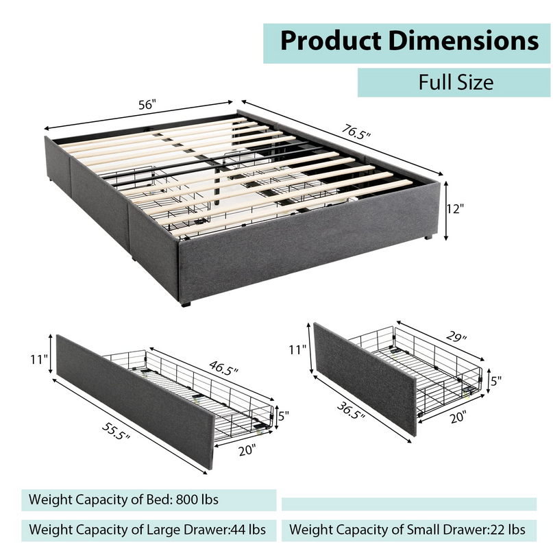 Full Size Platform Bed Frame with 3 Storage Drawers - Giantex