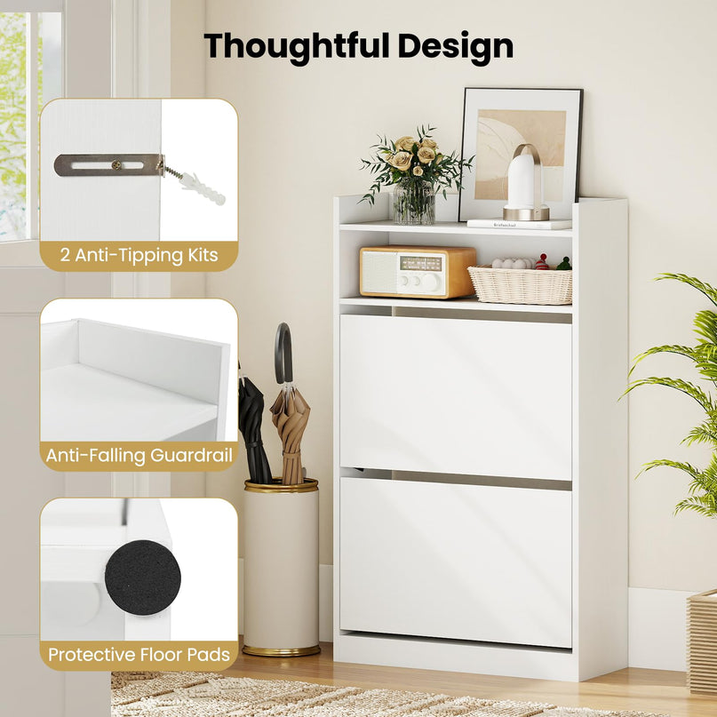 Giantex Shoe Cabinet with 2 Flip Drawers Freestanding Narrow Shoe Organizer Cabinet