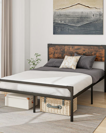 Giantex Full Size Bed Frame with Rustic Headboard & Footboard, Strong Metal Slat Support Mattress Foundation