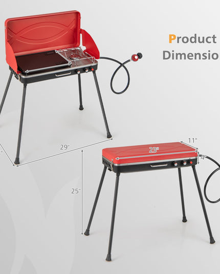 Giantex 2-in-1 Gas Camping Grill and Stove, Portable Propane Grill Burner, Gas Hose with Regulator, 20,000 Total BTUs (Red)