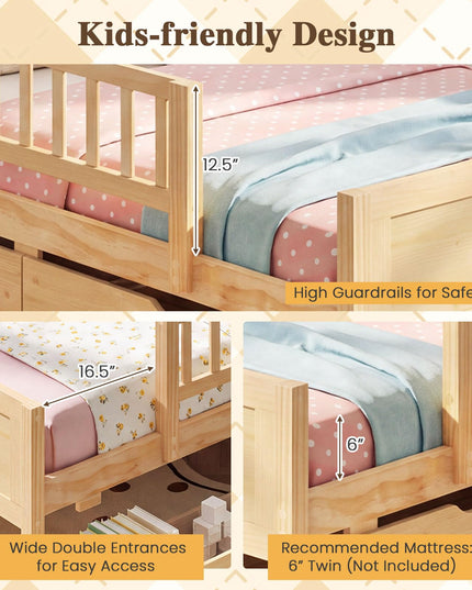GIANTEX Full/Twin  Size Bed Frame with 2 Storage Drawer & Guardrails for Kids