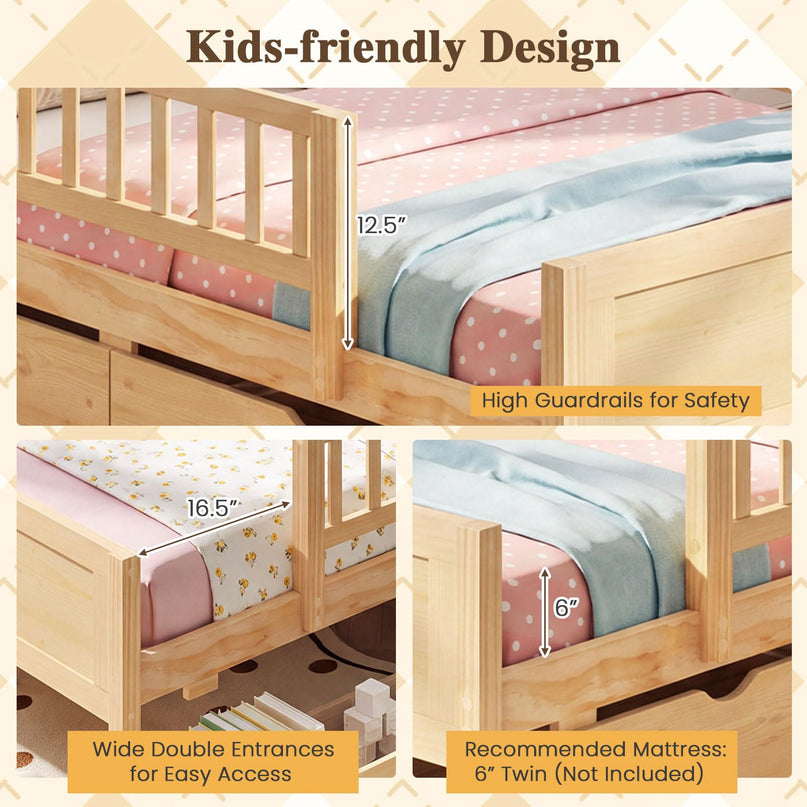 GIANTEX Full/Twin  Size Bed Frame with 2 Storage Drawer & Guardrails for Kids