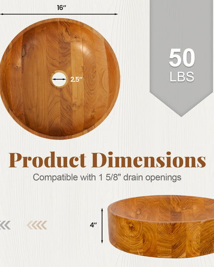 Giantex Teak Wood Vessel Sink - Bathroom Washbasin with Smooth Finish, 2.5” Drain Hole for 1 5/8" Drainage (16” x 16” x 4”)