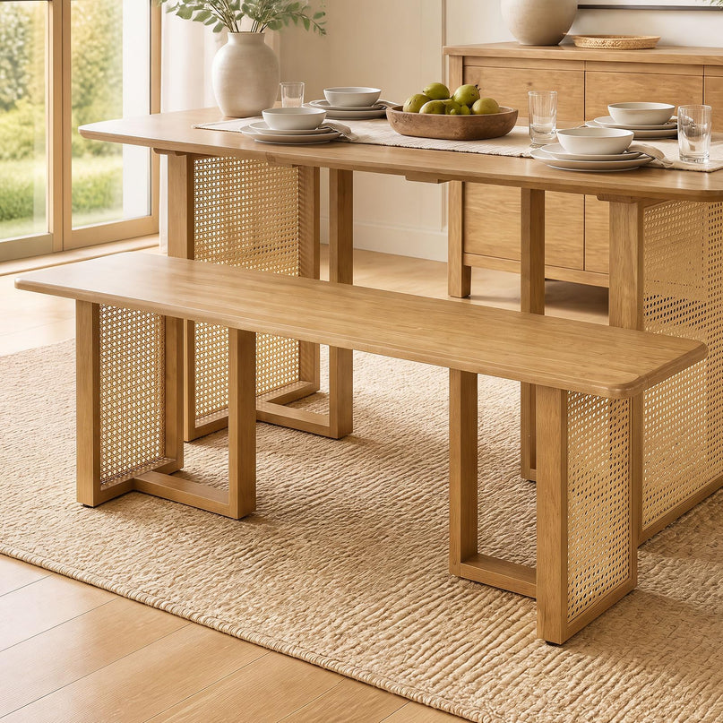 GIANTEX Rattan Dining Table Set for 4 w/ Rubber Wood Kitchen Table & 2 Bench