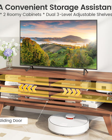 Meuble TV Giantex avec placard de rangement, porte coulissante et étagères réglables pour téléviseur de 50/55 pouces