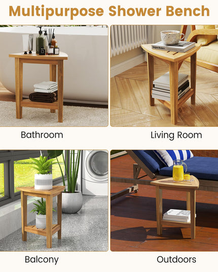 Giantex Corner Shower Bench - Teak Wood Shower Stool with Storage Shelf