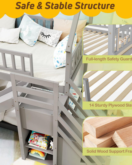 Giantex House Bunk Bed Twin Over Twin with Slide & Stairs for Kids Teens