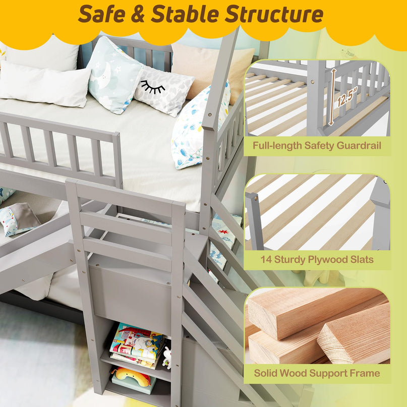 Giantex House Bunk Bed Twin Over Twin with Slide & Stairs for Kids Teens