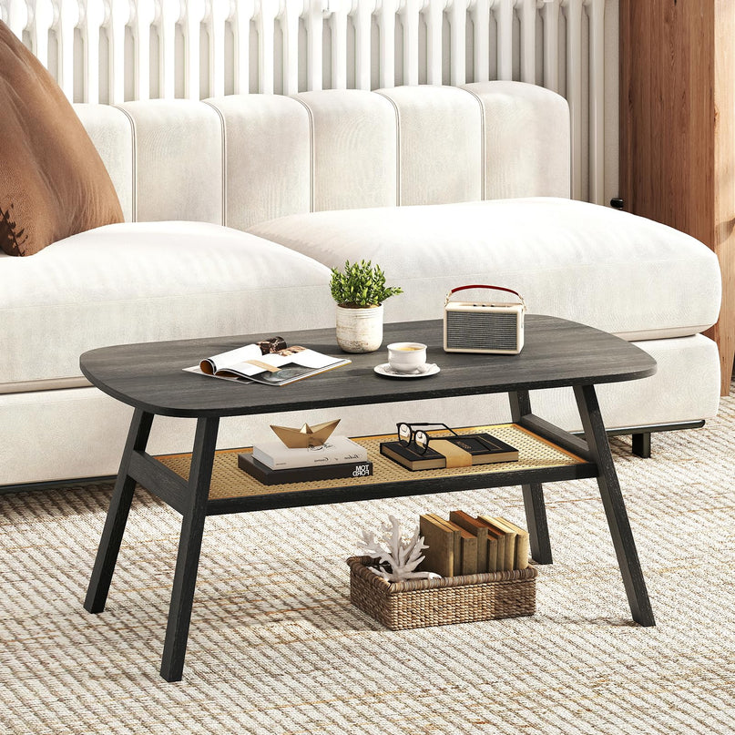 Giantex 2-Tier Mid Century Modern Rattan Coffee Table