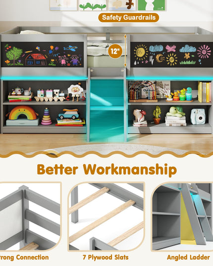 Giantex Low Loft Bed with LED Lights Wooden Twin Size Loft Bed（Twin with Light）