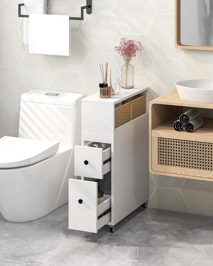 Giantex Small Bathroom Storage Cabinet - Slim Bathroom Organizer with Wheels, 2 Drawers, 2 Baskets
