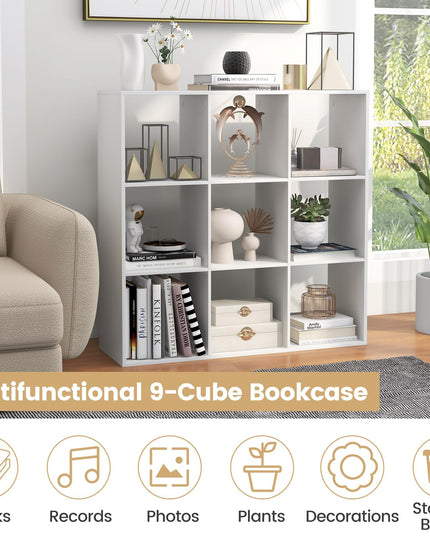 Giantex 9-Cube Bookcase, White Cubby Bookshelf w/Back Guardrail & Anti-Tipping Kits