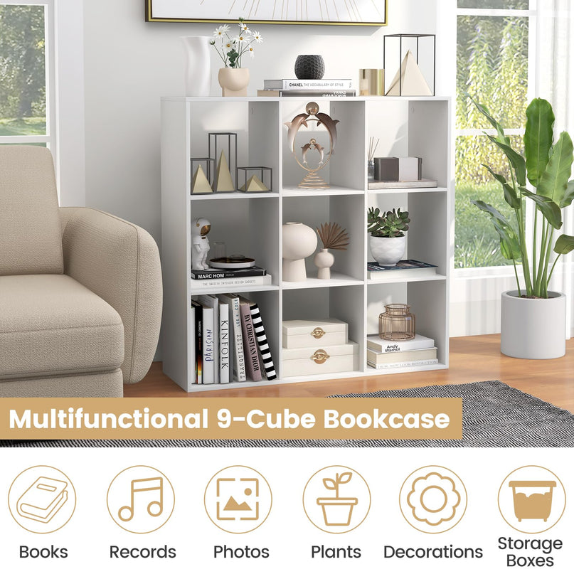 Giantex 9-Cube Bookcase, White Cubby Bookshelf w/Back Guardrail & Anti-Tipping Kits