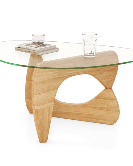 Giantex Triangle Glass Coffee Table, Solid Wood Tea Table with Tempered Glass Top & Adjustable Base