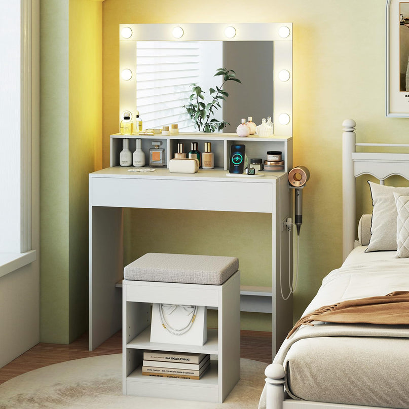Vanity Desk with Mirror and Lights for Bedroom Small Space