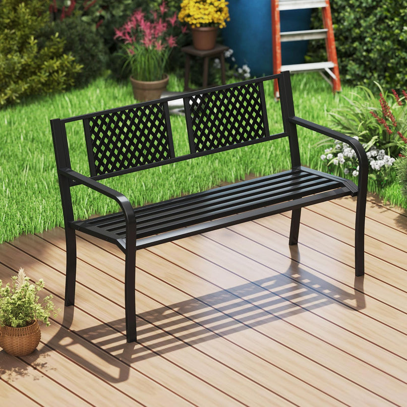 Giantex Metal Outdoor Bench with Mesh Pattern Backrest