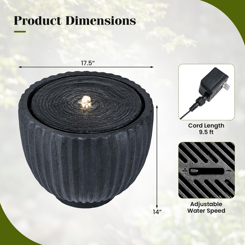 Giantex 17.5" Round Outdoor Water Fountain with 6 LED Lights & Adjustable Pump
