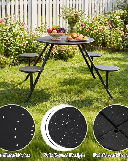 Giantex Round Picnic Table Set with 4 Built-in Seats and 1.77" Umbrella Hole
