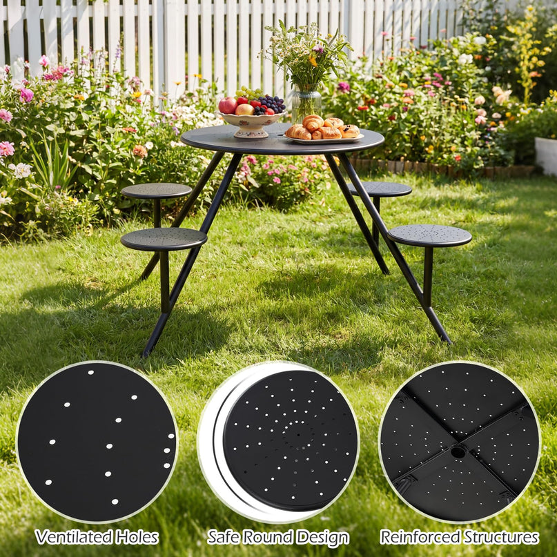 Giantex Round Picnic Table Set with 4 Built-in Seats and 1.77" Umbrella Hole