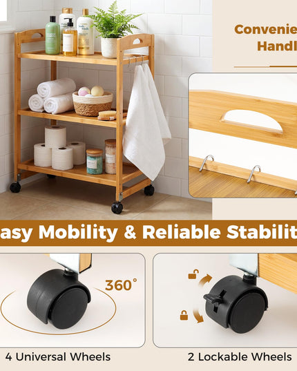 Giantex 3-Tier Rolling Storage Cart | Bamboo Utility Cart w/ 3 Side Hooks & Adjustable Shelves